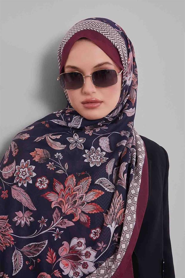 Bordo - Siyah Lale Desen Sport Şal