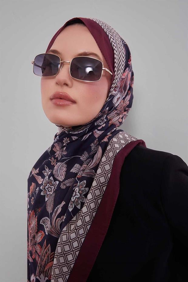 Bordo - Siyah Lale Desen Sport Şal