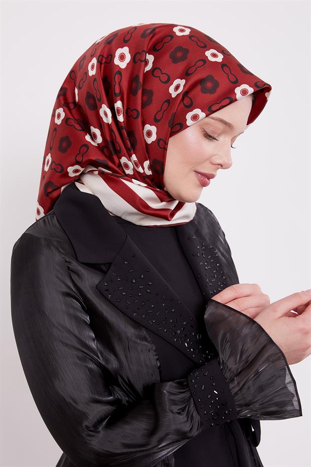 Bordo - Siyah Papatya Desen Twill İpek Eşarp