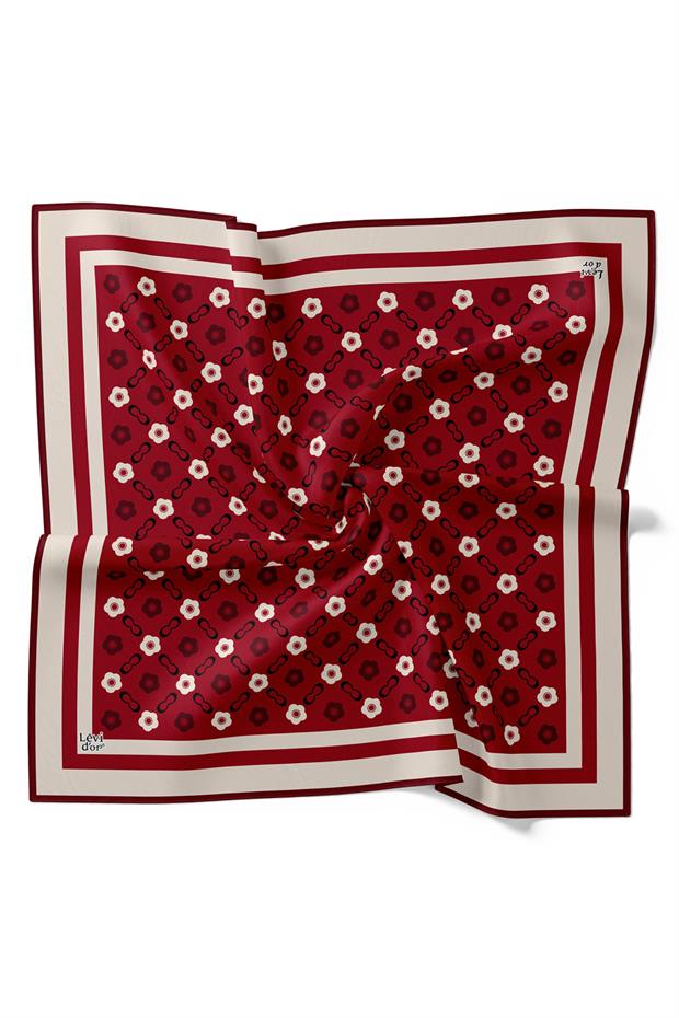 Bordo - Siyah Papatya Desen Twill İpek Eşarp