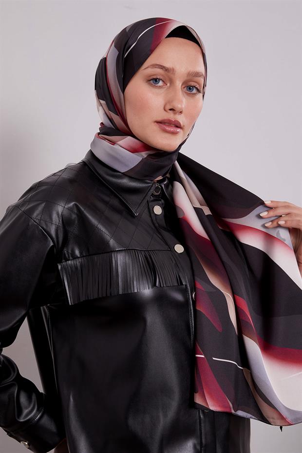 Bordo Soyut Desen Twill Şal