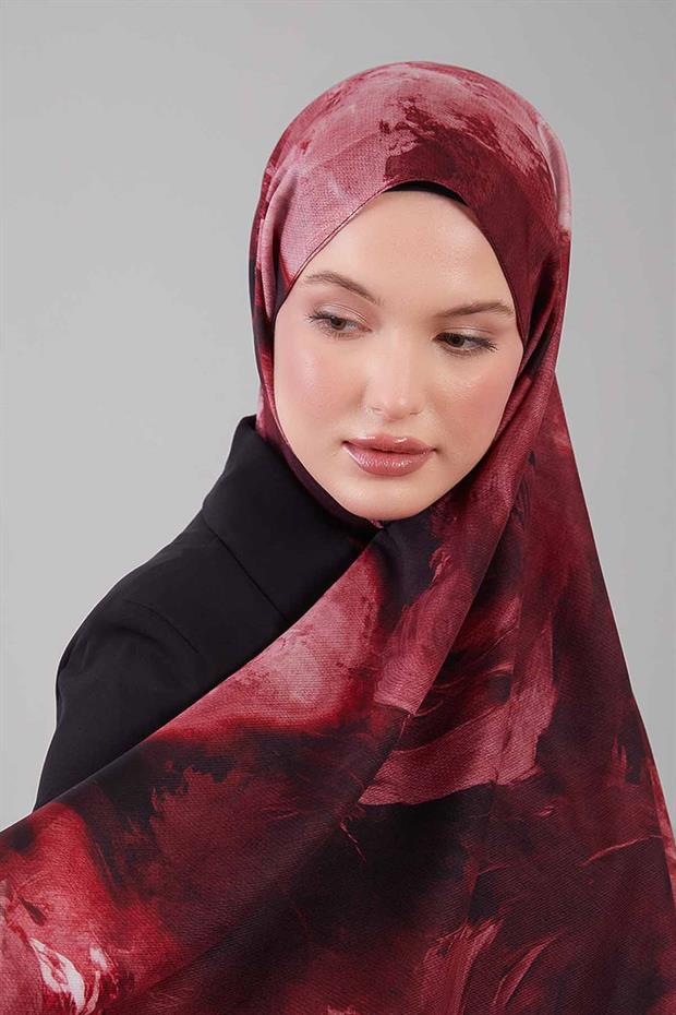 Bordo Soyut Desen Yün İpek Şal