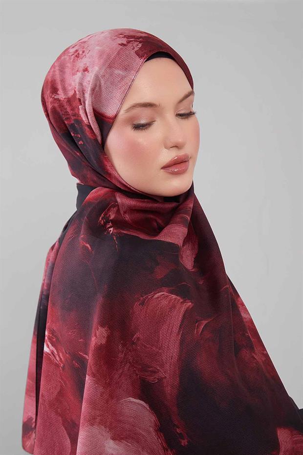 Bordo Soyut Desen Yün İpek Şal