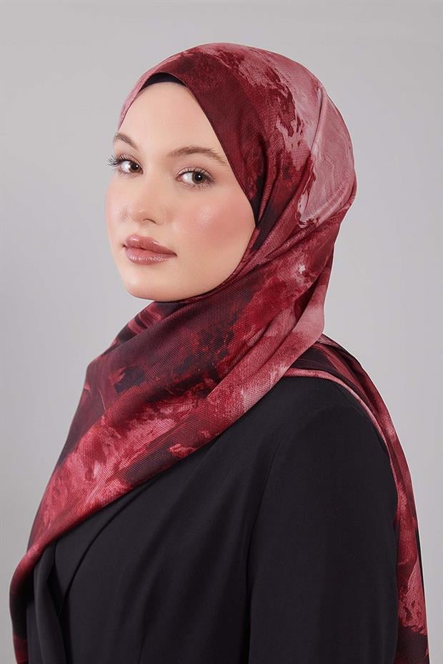 Bordo Soyut Desen Yün İpek Şal