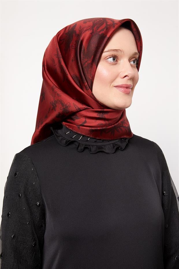 Bordo Soyut Gül Desen Twill İpek Eşarp