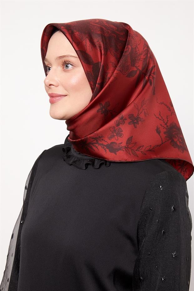 Bordo Soyut Gül Desen Twill İpek Eşarp