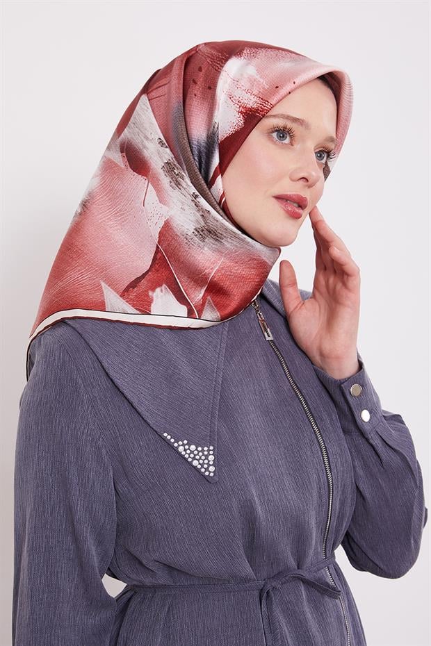 Bordo Yansıma Yaprak Desen Twill İpek Eşarp