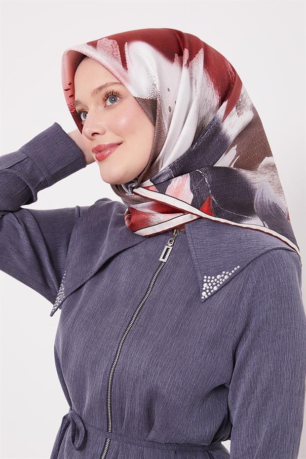 Bordo Yansıma Yaprak Desen Twill İpek Eşarp