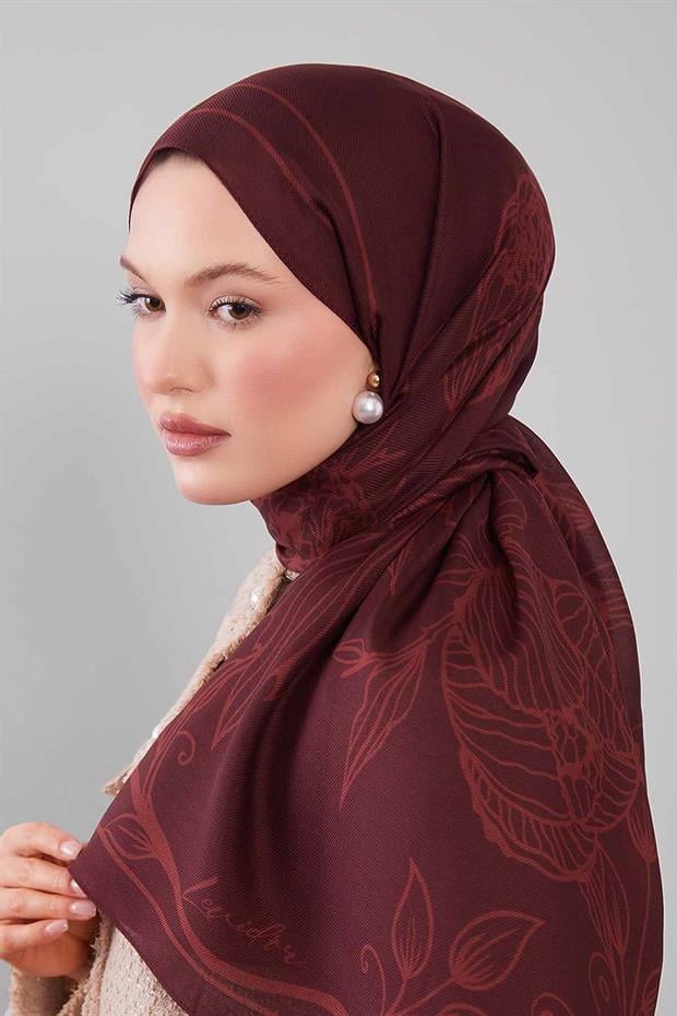 Bordo Sümbül Çiçek Desen Yün İpek Şal