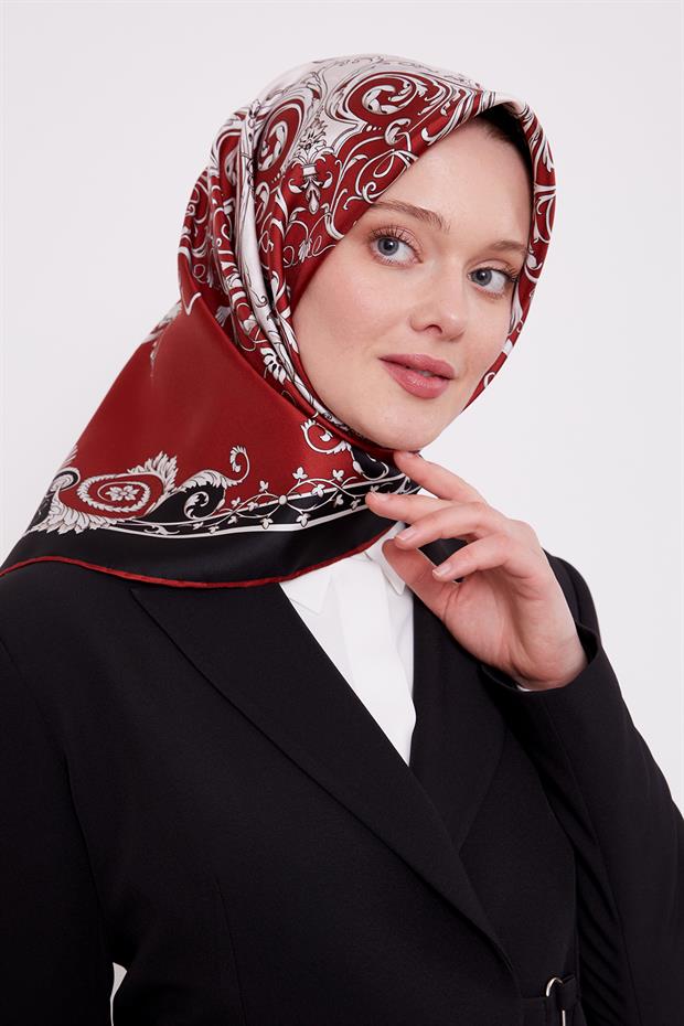 Bordo Varak Desenli Twill İpek Eşarp