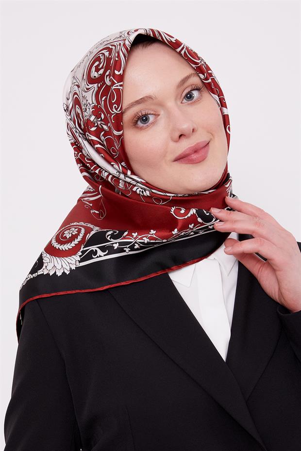 Bordo Varak Desenli Twill İpek Eşarp
