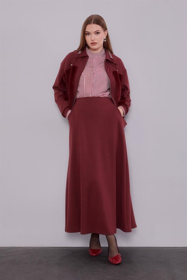 Bordo Yaka Taşlı Gül Detay Etek Takım