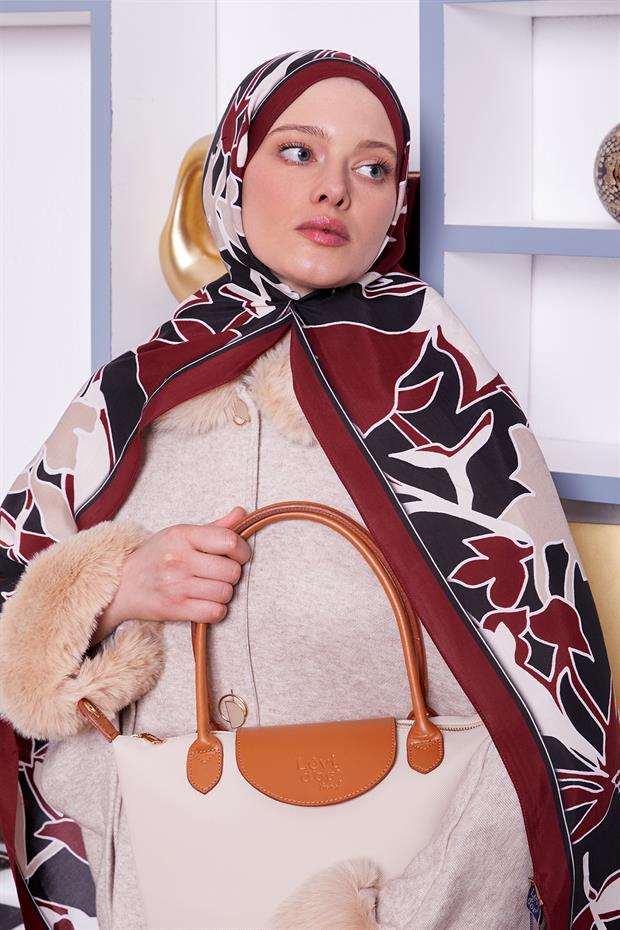 Bordo Yaprak Desen Royal Şal