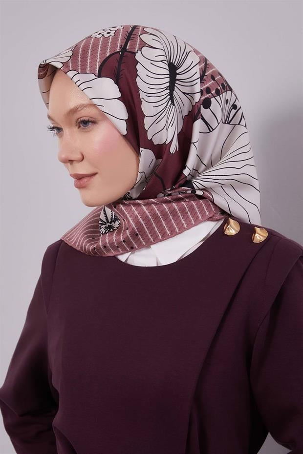 Bordo Zambak Çiçek Desen Twill İpek Eşarp
