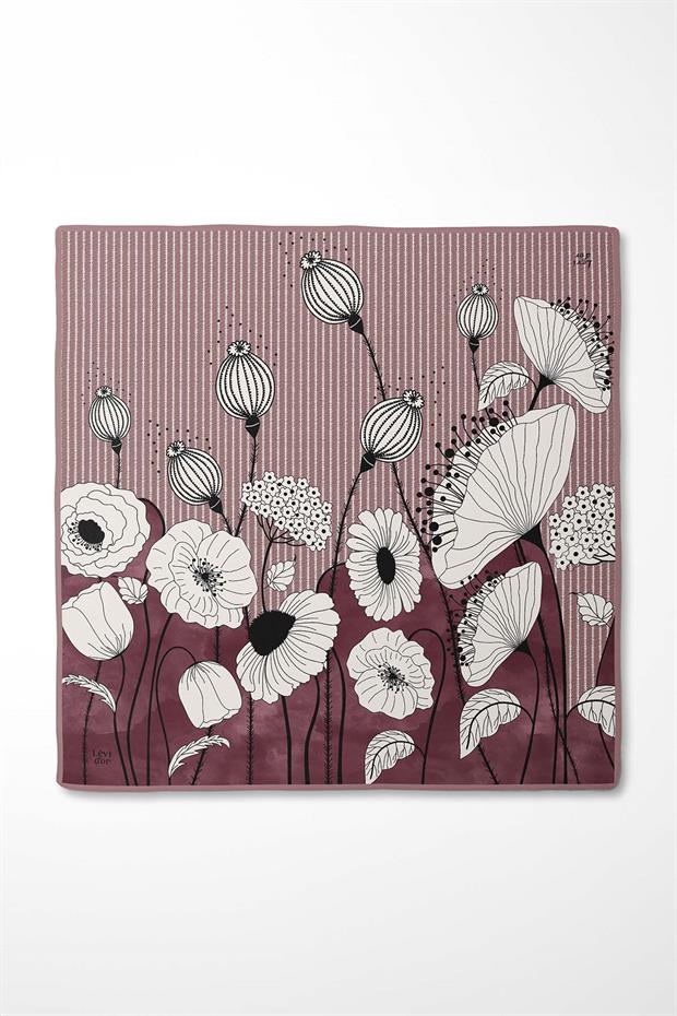 Bordo Zambak Çiçek Desen Twill İpek Eşarp