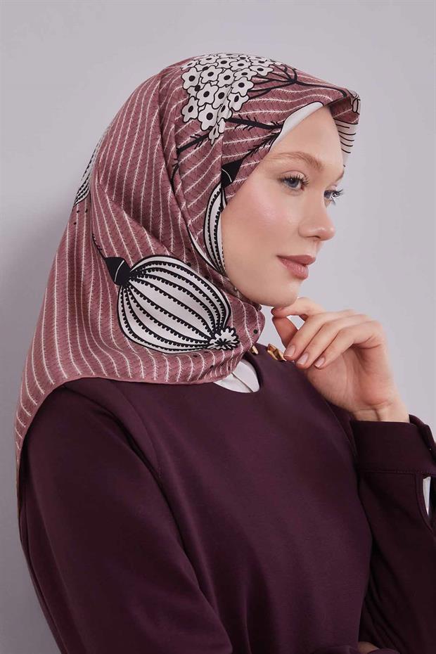 Bordo Zambak Çiçek Desen Twill İpek Eşarp