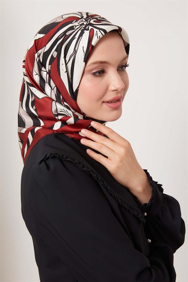 Bordo Zambak Desen Twill İpek Eşarp