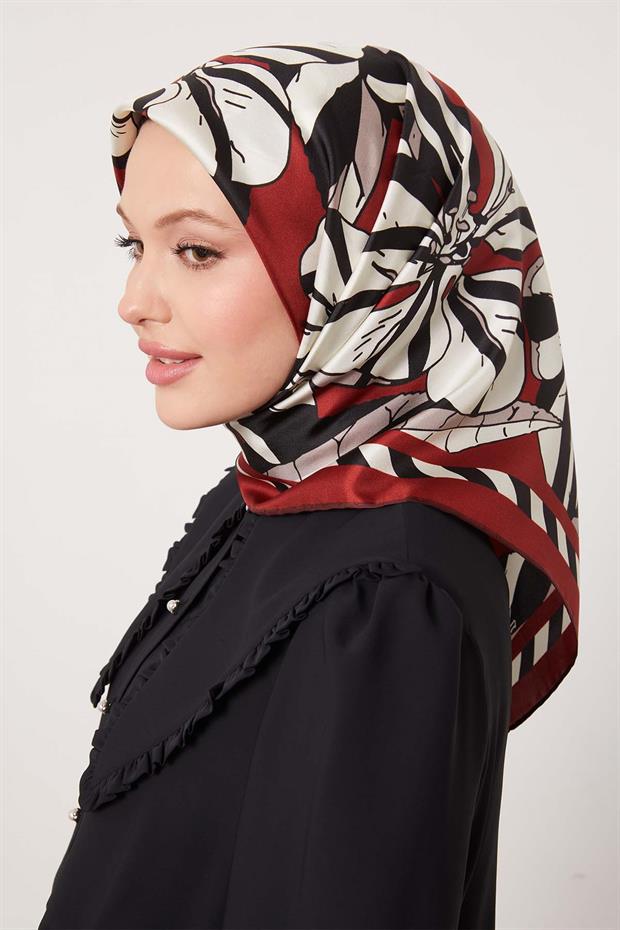 Bordo Zambak Desen Twill İpek Eşarp