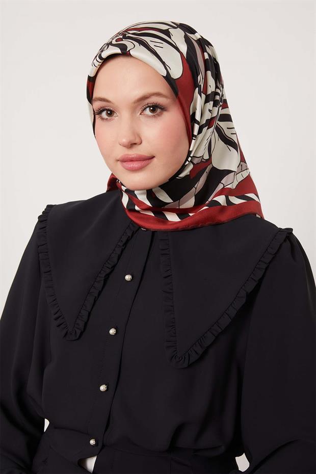 Bordo Zambak Desen Twill İpek Eşarp