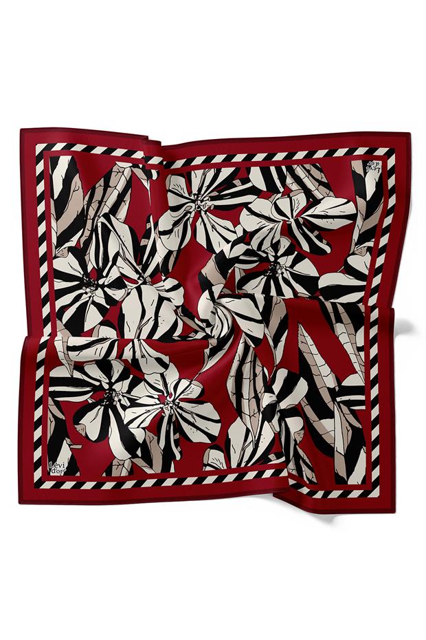 Bordo Zambak Desen Twill İpek Eşarp