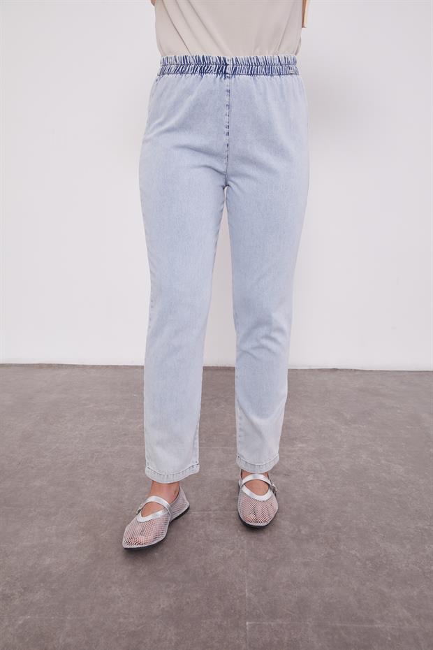 Buz Mavisi Beli Büzgülü Jean Pantolon