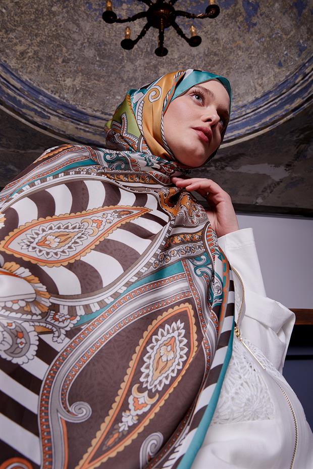 Buz Mavisi Çizgili Hint İpeği Şal