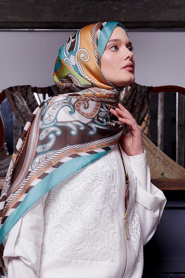 Buz Mavisi Çizgili Hint İpeği Şal