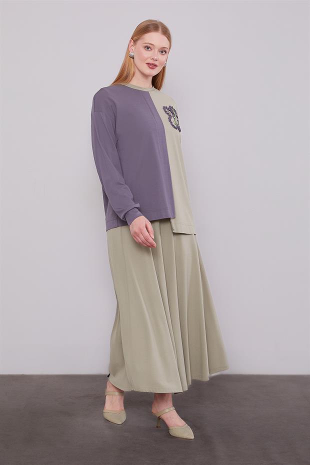 Çağla Yeşili İki Renkli Asimetrik Etekli Takım