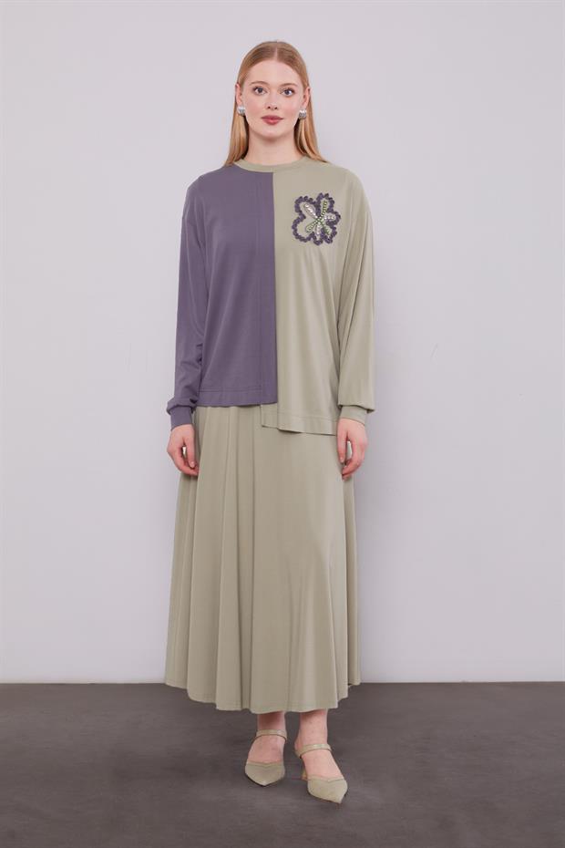 Çağla Yeşili İki Renkli Asimetrik Etekli Takım