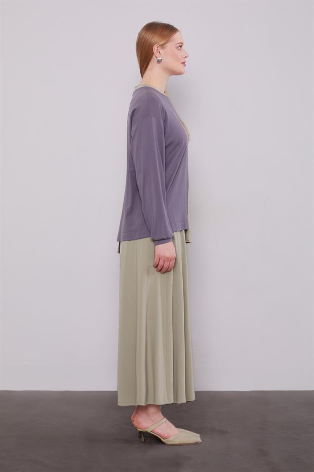 Çağla Yeşili İki Renkli Asimetrik Etekli Takım