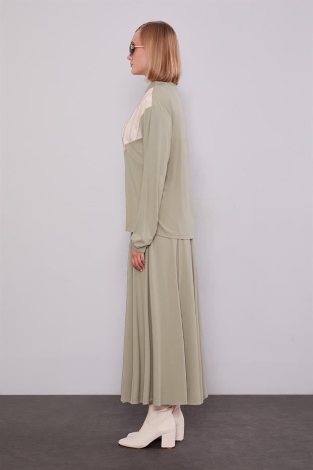 Çağla Yeşili Omuz Payet Detaylı Etek Takım