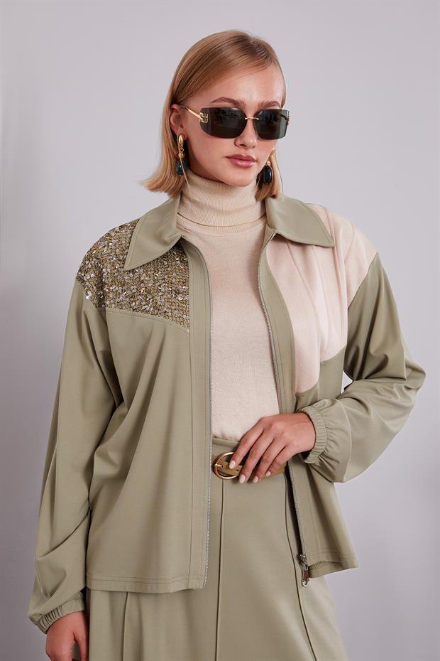 Çağla Yeşili Omuz Payet Detaylı Etek Takım