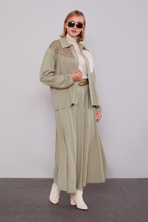 Çağla Yeşili Omuz Payet Detaylı Etek Takım