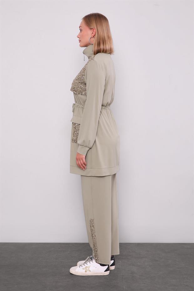 Çağla Yeşili Pul Cep Detaylı İkili Takım