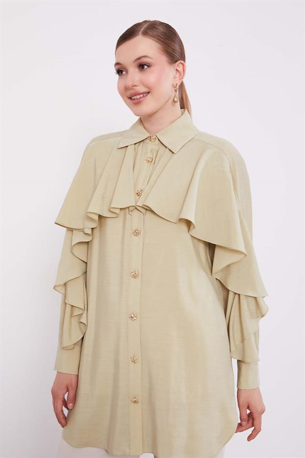 Çağla Yeşili Volan Detay Düğmeli Gömlek