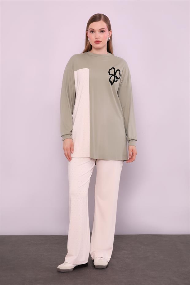 Çağla Yeşili Yonca Desen Detaylı İkili Takım