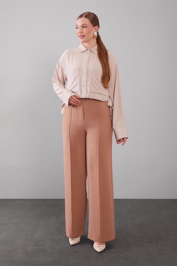Camel Beli Lastikli Nervür Dikişli Pantolon