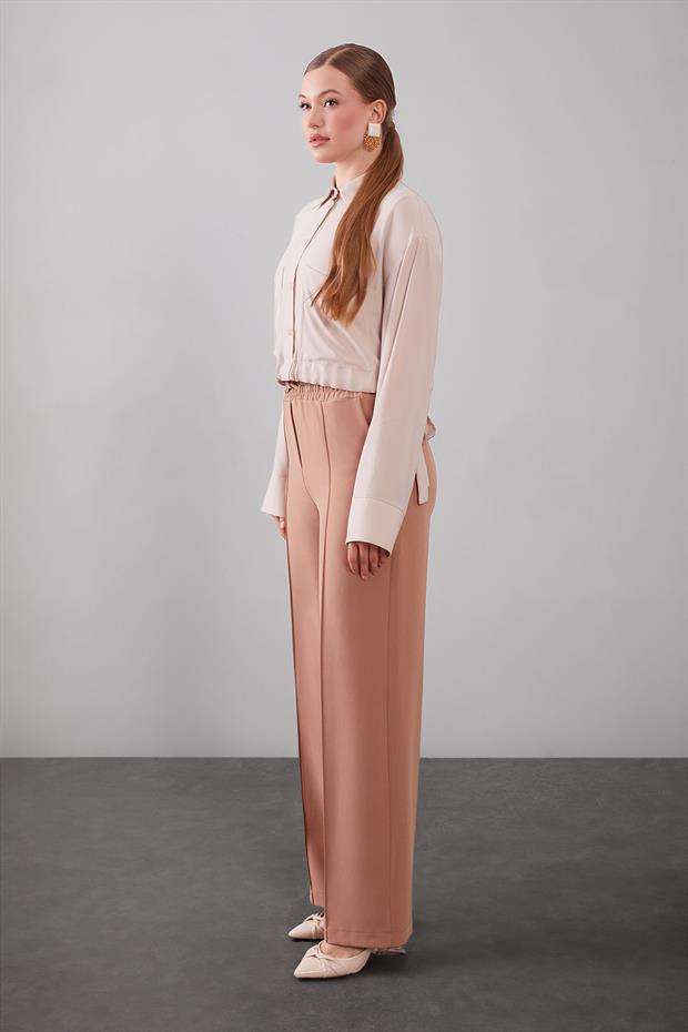 Camel Beli Lastikli Nervür Dikişli Pantolon