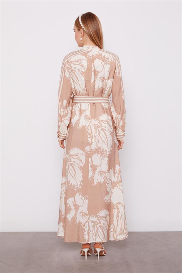 Camel Büyük Çiçek Desenli Elbise