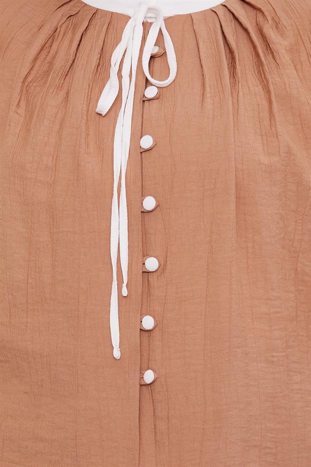 Camel Büzgülü Hakim Yaka Detaylı Etek Takım