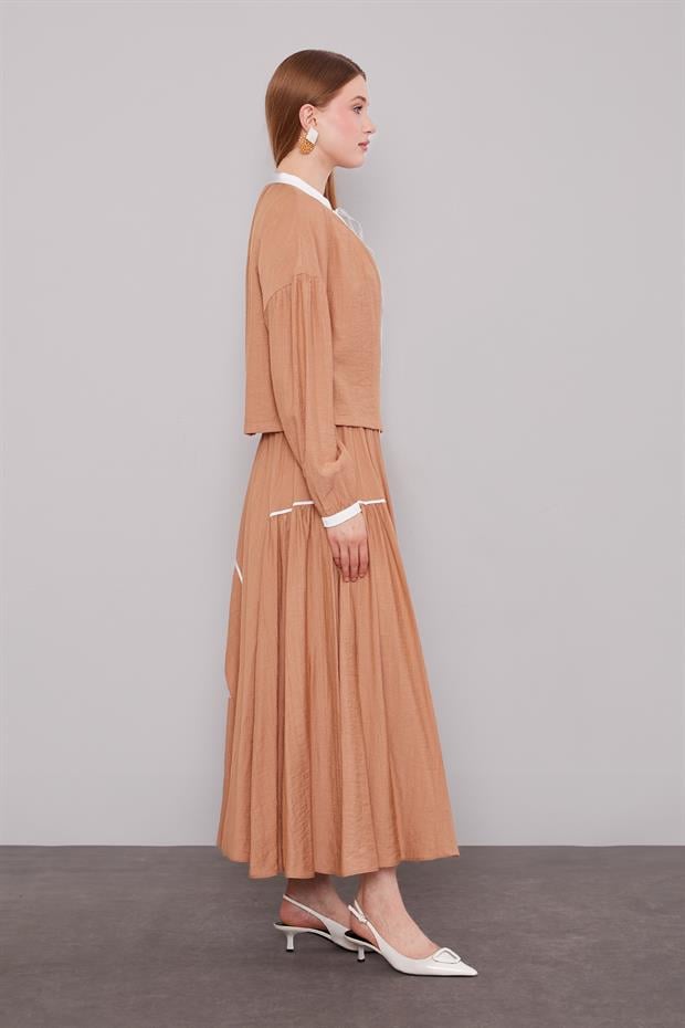 Camel Büzgülü Hakim Yaka Detaylı Etek Takım