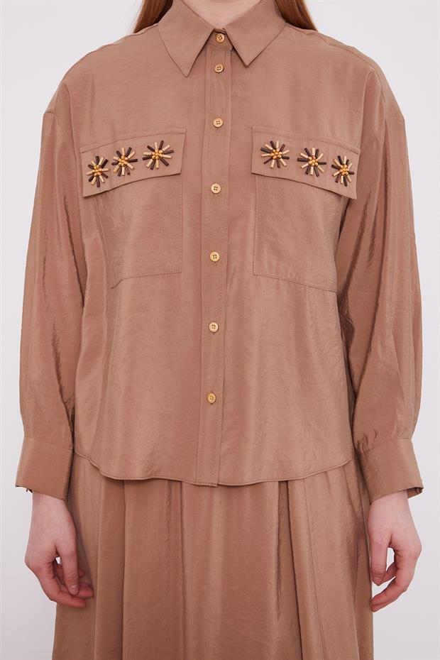 Camel Cep Boncuk Papatya Detaylı Etek Takım