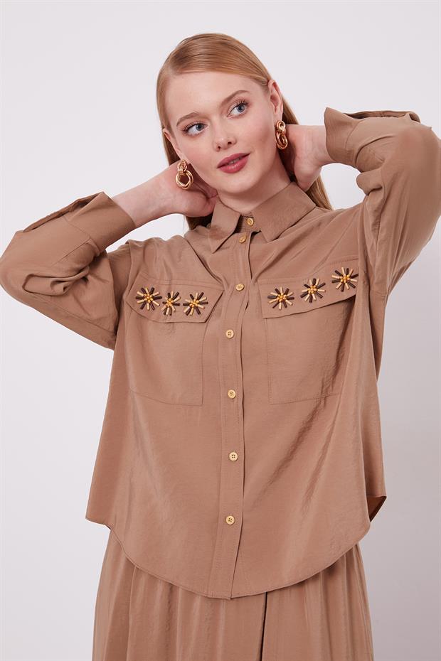 Camel Cep Boncuk Papatya Detaylı Etek Takım