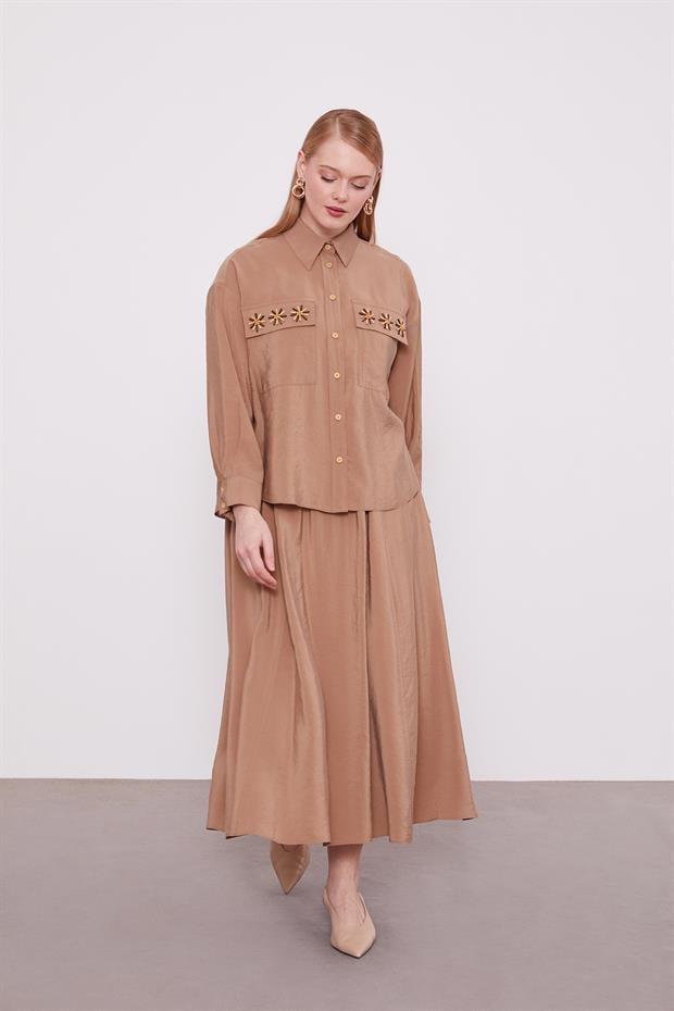 Camel Cep Boncuk Papatya Detaylı Etek Takım