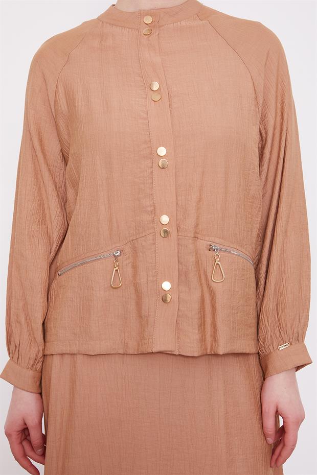 Camel Çift Düğme Detaylı Etekli Takım