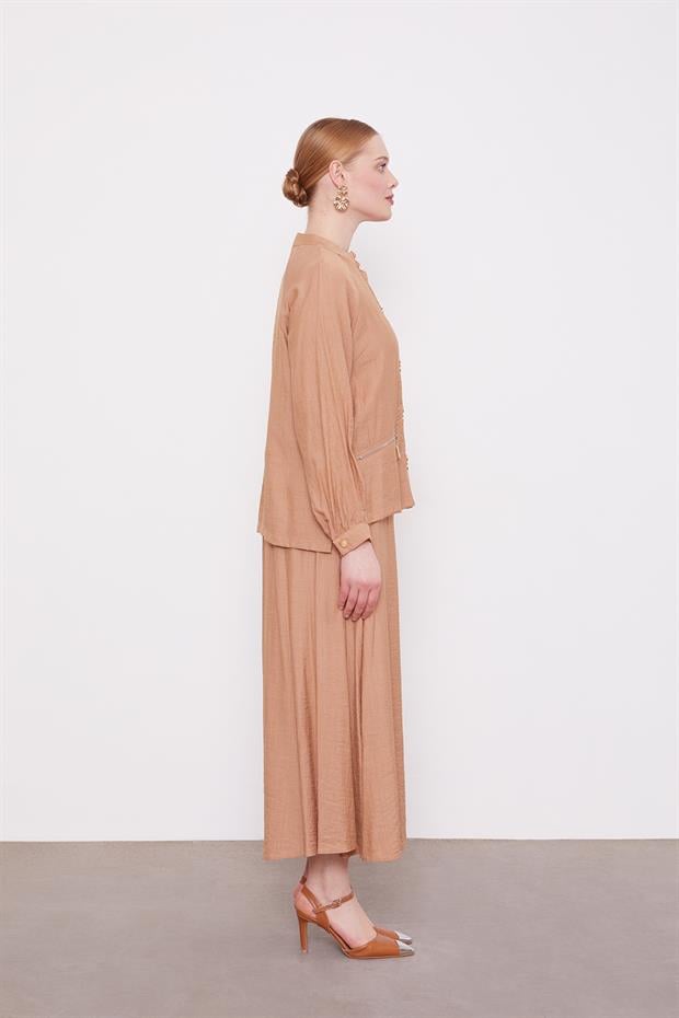 Camel Çift Düğme Detaylı Etekli Takım