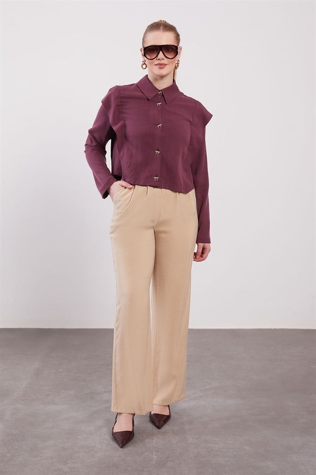 Camel Çift Düğme Detaylı Pantolon
