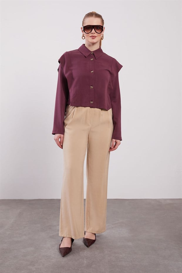Camel Çift Düğme Detaylı Pantolon