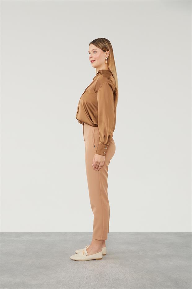 Camel Çift Pliseli Kumaş Havuç Pantolon