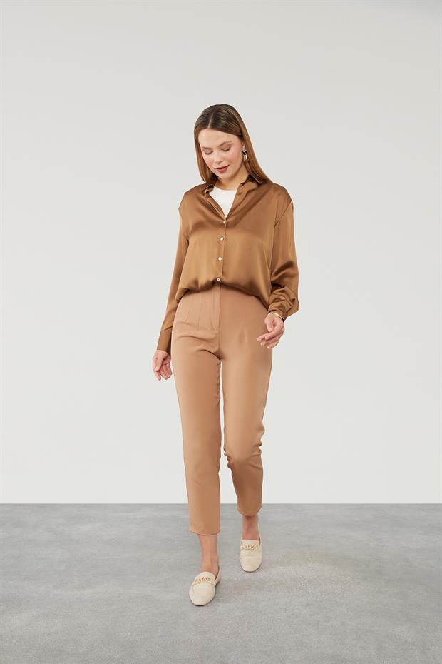 Camel Çift Pliseli Kumaş Havuç Pantolon